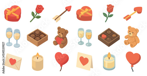 Valentine and romance 3d icons set – love-themed, isometric, gift symbols