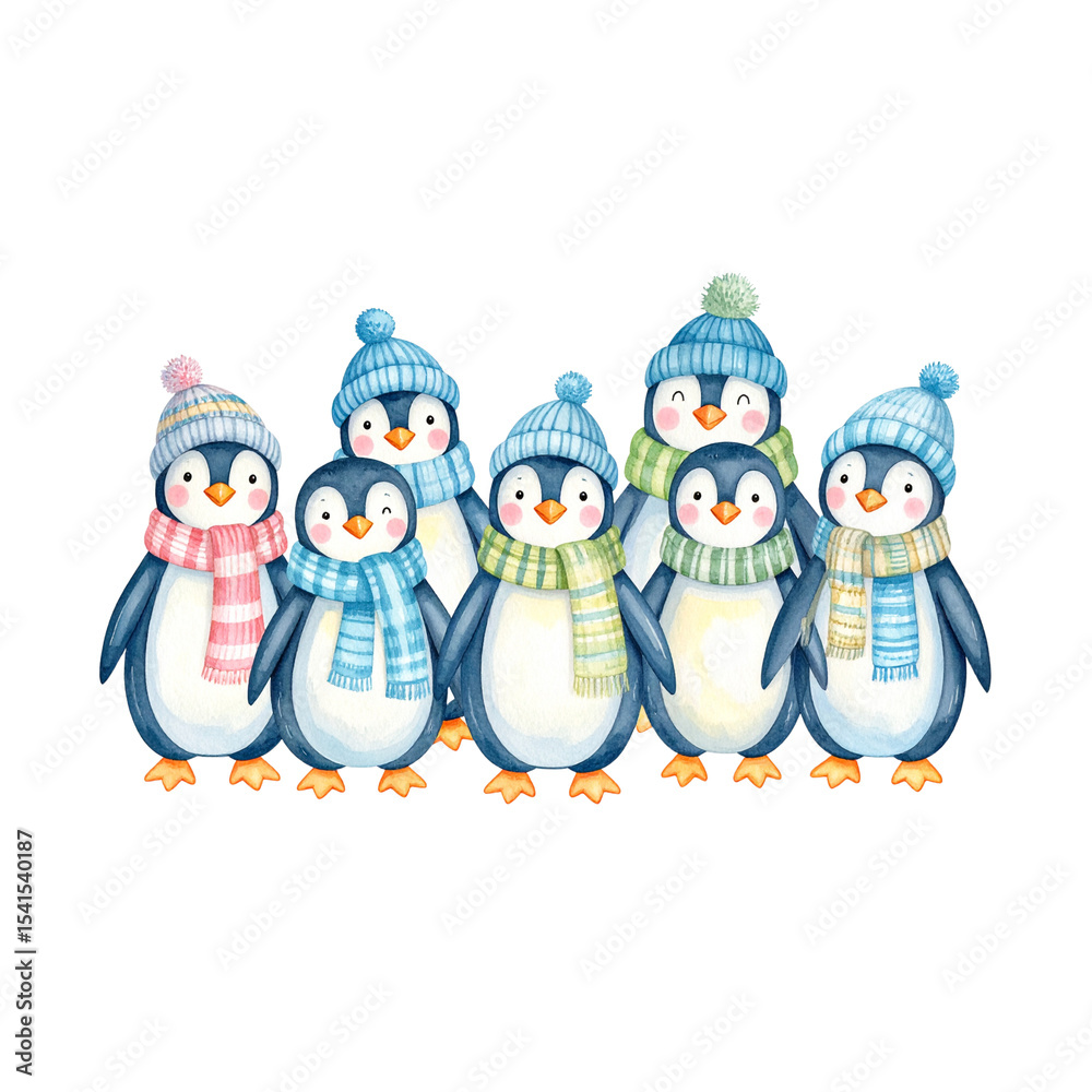 Fototapeta premium Cute cartoon penguins play happily with a snowman in the white, cold winter snow, perfect for a funny Christmas holiday illustration