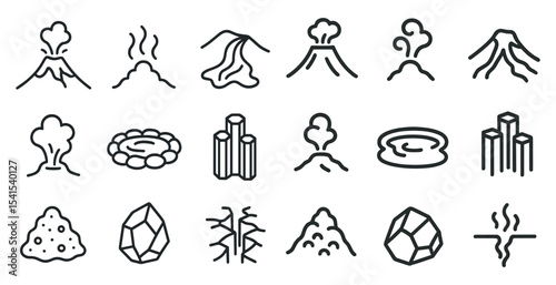Volcano eruption outline icons set – linear, seismic, lava flow symbols