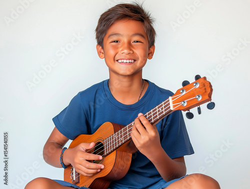 Young Asian Boy with Bright Smile Happily Playing a Small Ukulele
