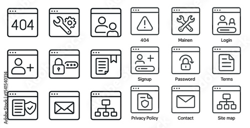 Web development outline icons set – tools, login, and user interface symbols