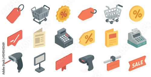 Shopping and retail icons set – isometric, silhouette, commerce and sale graphics