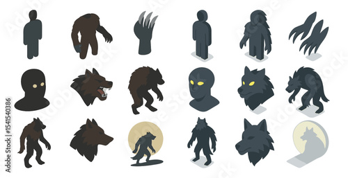 Werewolf transformation icons set – isometric, silhouette, myth and folklore symbols
