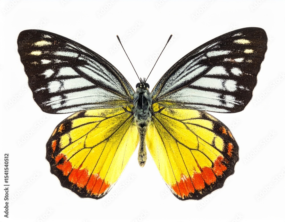 Fototapeta premium Colored butterfly close view over white background, no shadow