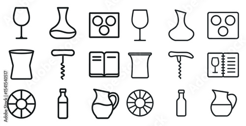 Wine and beverage outline icons set – flat, linear, drink party graphics