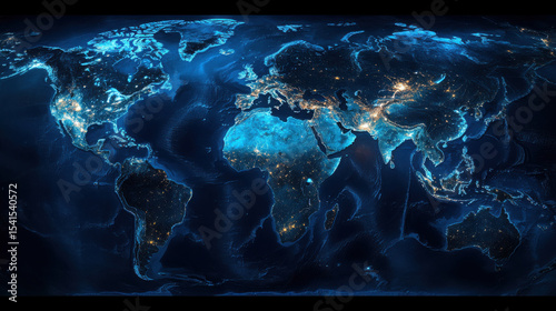 Digital world map with glowing blue lines and cities global connection internet data flow technology futuristic global communication theme