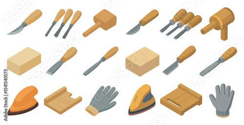 Woodworking tools isometric icons set – carpentry, craft, hand tools collection