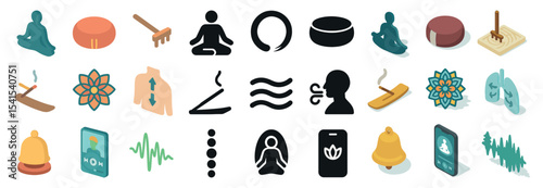 Meditation and wellness icons set – 3d, isometric, yoga and mindfulness symbols