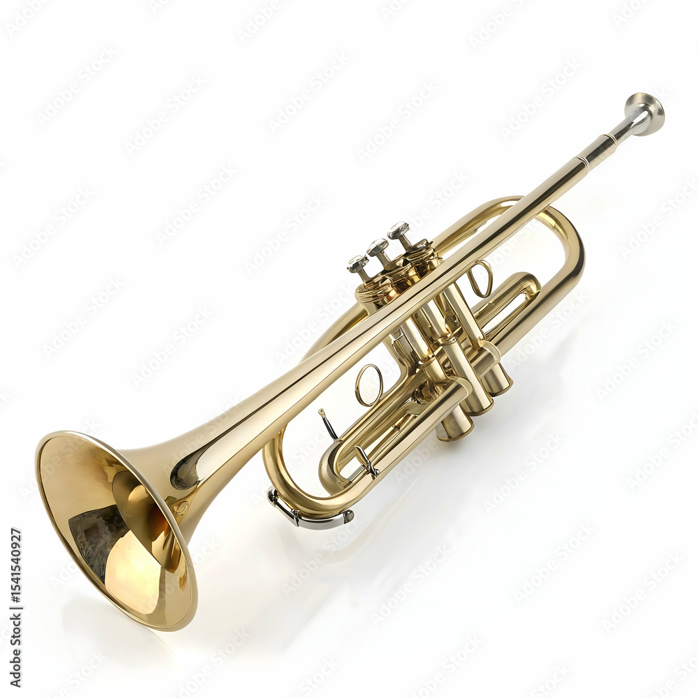 Obraz premium 3D trumpet isolated with shiny metallic reflections on a clean white background for music instrument visuals 