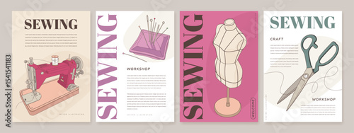 Set of sewing poster, web banner, cover, flyer design template. Atelier, craft, clothing, hand made background. Vector illustration of sewing machine, mannequin, pin cushion, needle, thread, scissors