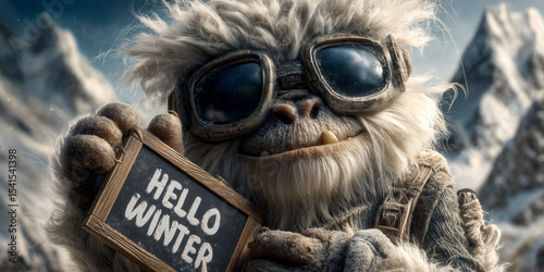Portrait of the legendary creature called Bigfoot, Sasquatch or Yeti while holding a blackboard with the text Hello Winter, in the background beautiful frozen snowy peaks in winter. Generative Ai.