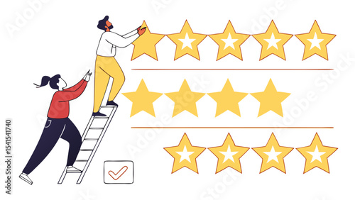 People placing stars for rating, man on ladder, woman assisting, check mark approval, yellow and red theme