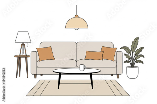 Modern living room design featuring a cozy sofa with orange pillows a coffee table plant and stylish lamps perfect for home decor projects and interior design inspiration
