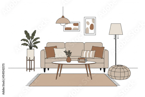 Elegant Living Room Interior Design Line Art Graphic featuring a sofa, coffee table, plants, and lamps ideal for home decor projects and website design.
