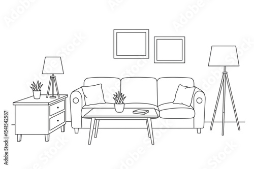 Modern Living Room Line Art Design featuring Sofa Plants Lamps and Coffee Table perfect for Home Decor or Interior Design Projects