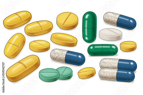 Diverse Pharmaceutical Tablets and Capsules Design Element for Healthcare Branding