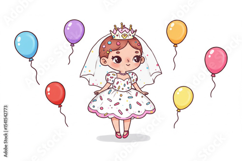 Adorable Princess in a Sprinkle Dress with Balloons a charming design perfect for children's apparel greeting cards and party invitations
