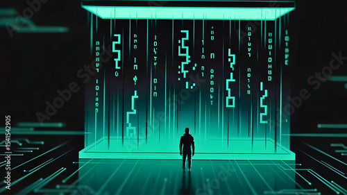 Sci-Fi Code Rain, Virtual Reality Hologram, Futuristic Digital World, Human in Data Stream, Cybernetic Code Projection, Glowing VR Interface, Digital Future Scene, Holographic Matrix View, 