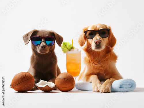 Two Stylish Dogs Wearing Sunglasses Enjoying a Tropical Drink and Coconuts