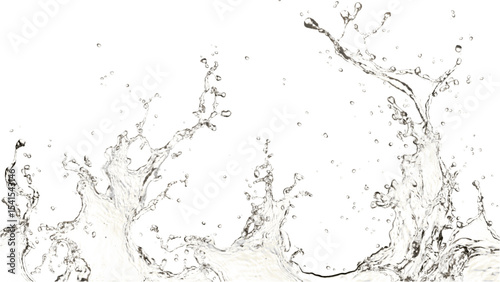 Transparent Dynamic Water Splash Vector: Chaotic Spray with Droplets on Clear Background
