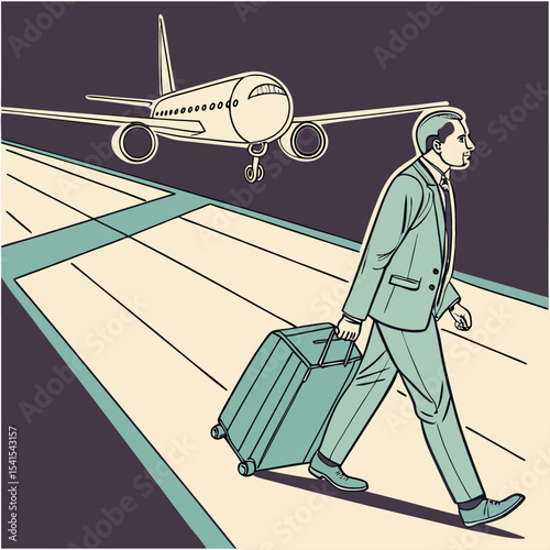 Businessman Walking at Airport with Suitcase While Airplane Landing Behind – Travel Concept Vector