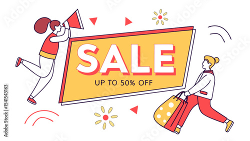 Woman with megaphone announcing sale up to fifty percent off with shopper holding shopping bags nearby