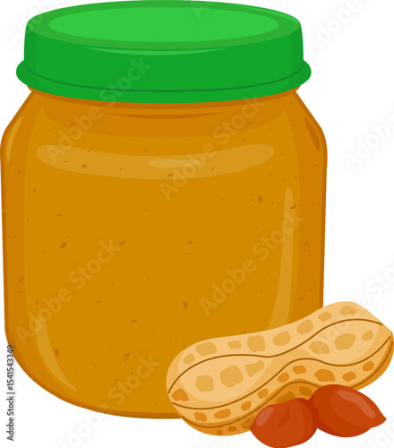 Peanut butter in a jar. Tasty organic butter snack spread product made of fresh peanuts for breakfast. Vector illustration