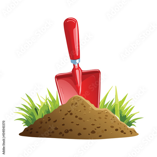 Red Shovel in Fresh Brown Soil