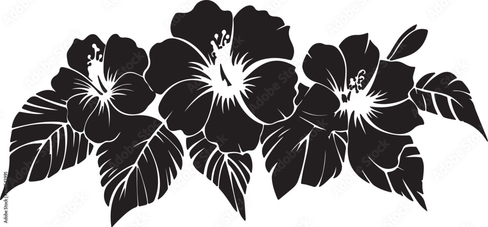 Obraz premium Black and White Hibiscus Flower Arrangement with Leaves Illustration