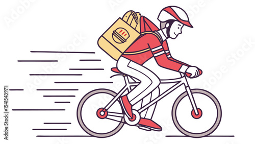 Illustration of a delivery person on a bicycle with a food delivery bag and speed lines to show motion