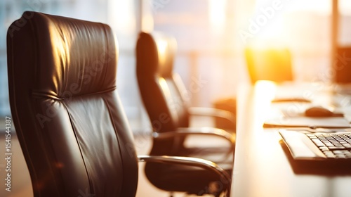 Modern office setting with leather chairs and a glowing sunset, creating a warm, inviting atmosphere