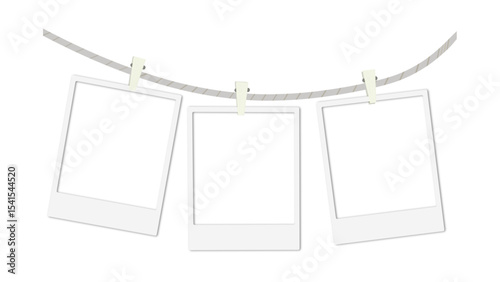 Hanging Polaroid Photo Frames Vector - Blank Instant Pictures on Line with Clothespins and Transparent Background