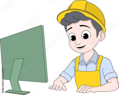 Cartoon Architect Working on Computer at Desk
