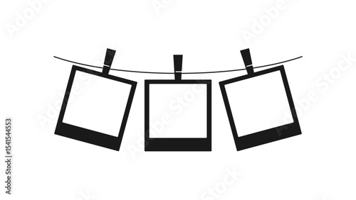 Hanging Film Strip Vector - Three Blank Picture Frames with Clips on Line and Transparent Background