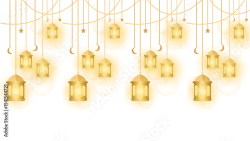 Gold Ramadan Lanterns Vector - Hanging Islamic Lamps & Crescents with Transparent Background for Festive Decor