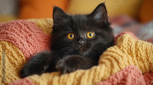 A beautiful black kitten with yellow eyes resting on a soft, yellow background, showcasing her unique swirling coat patterns in a cozy indoor setting