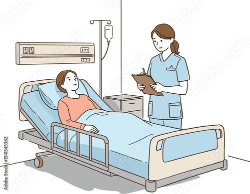 Healthcare Illustration: Nurse Checking on Patient in Hospital Bed, Providing Care and Support