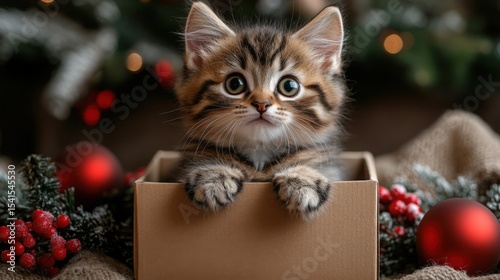 A fluffy kitten joyfully perched in a gift box surrounded by sparkling Ch