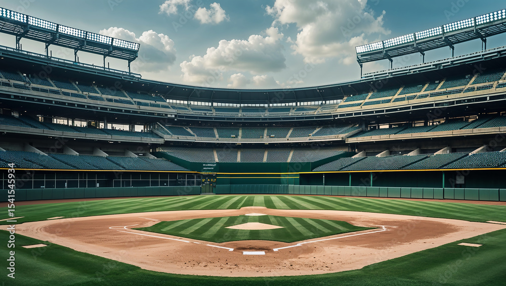 Fototapeta premium Empty baseball stadium with green grass and seats on a cloudy day