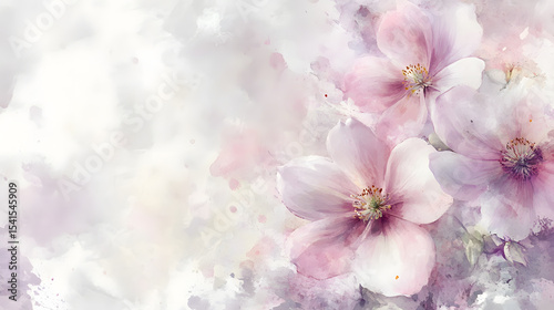 White and pink flowers softly blending into a watercolor background with blurred edges, isolated on white for postcards, banners