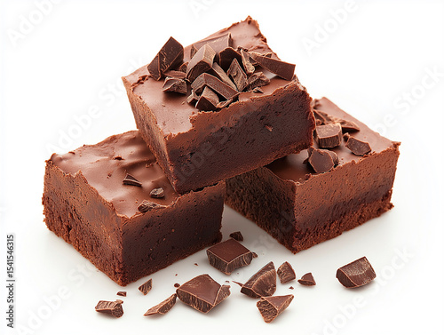 Decadent Stack of Fudgy Chocolate Brownies Topped with Chocolate Chunks on White