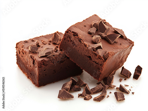 Decadent Stack of Fudgy Chocolate Brownies Topped with Chocolate Chunks on White