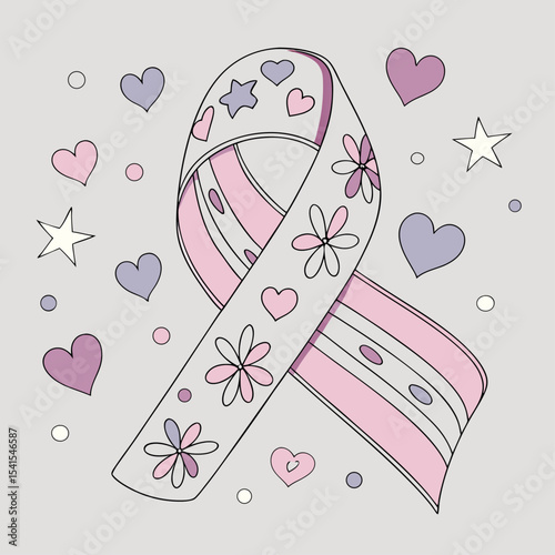 Decorative Awareness Ribbon with Hearts, Flowers, and Stars – Vector Illustration for Health Campaigns