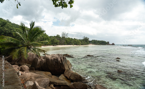Fototapeta Naklejka Na Ścianę i Meble -  Rocky shoreline with palm trees, granite boulders, and sandy beach along shallow coastal waters