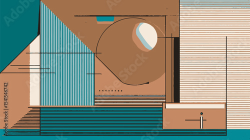 Geometric shapes interact dynamically against abstract textured backdrop composition