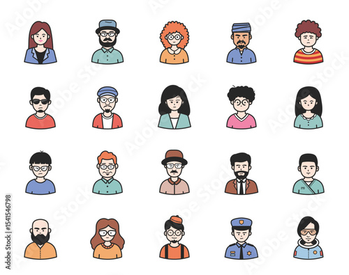 Portraits of people full color with black outline stroke. Vector pictures of persons of different occupation and genders.	