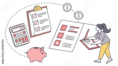 Woman reviewing financial documents with calculator piggy bank and checklist for accounting process