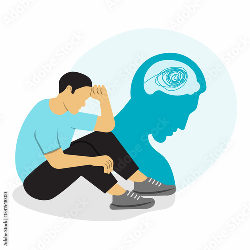 Mental health concept. Depressed man sitting on floor and hugging knees due to thinking a lot. Depression, bipolar disorder, obsessive compulsive, post traumatic stress disorder.