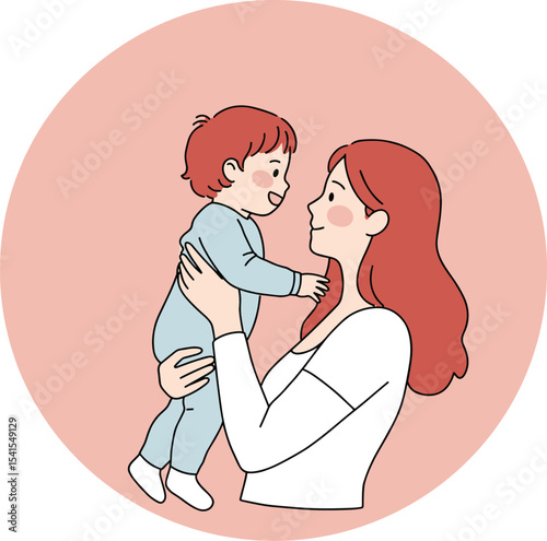 Happy mother holding baby in arms, smiling parent with child, family love, motherhood joy, maternal care, parenting affection, cute baby bonding illustration