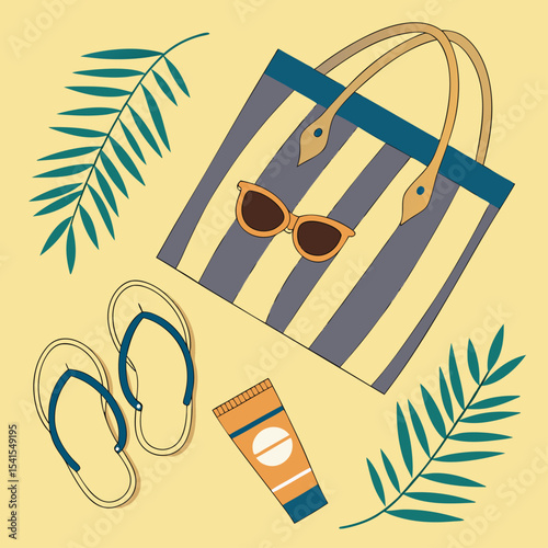 Flat Lay of Summer Beach Essentials with Tote Bag, Flip Flops, Sunglasses, and Sunscreen